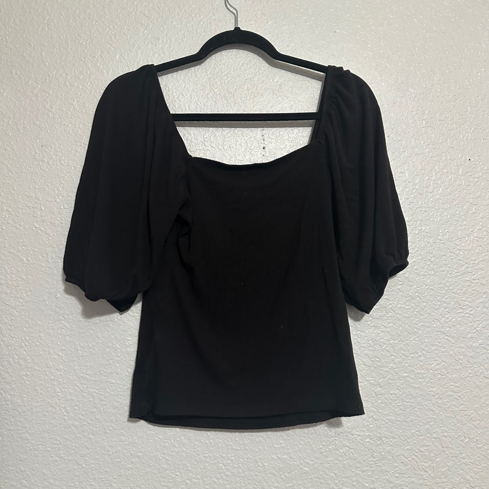 SO Black Ribbed Square Neck Puff Sleeve Top Size Large